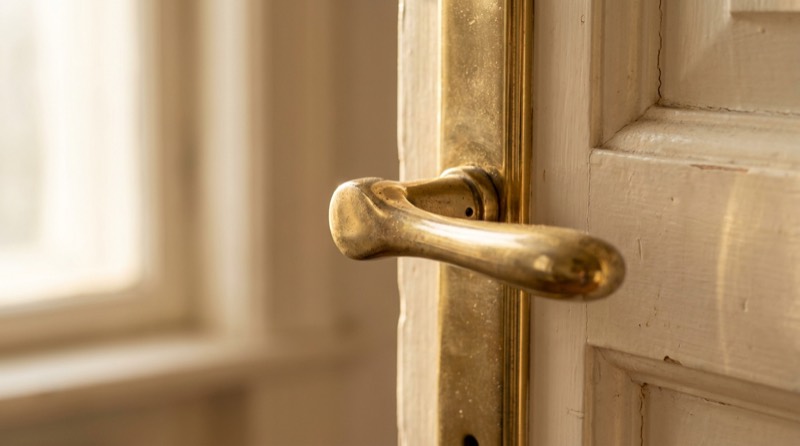 A generated still life, not a photograph of this business: a brass handle on a white paneled door.